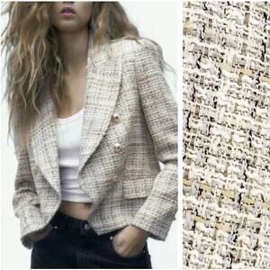 ZARA Textured Double Breasted Blazer Tweed Plaid Gold Button Jacket